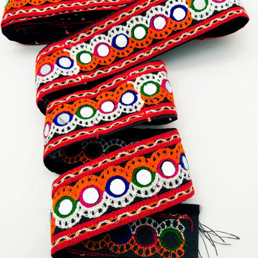 Black Cotton Fabric Trim with Multicolor Embroidery and Real Mirror, Kutch Embroidery Trim, Mirror Lace